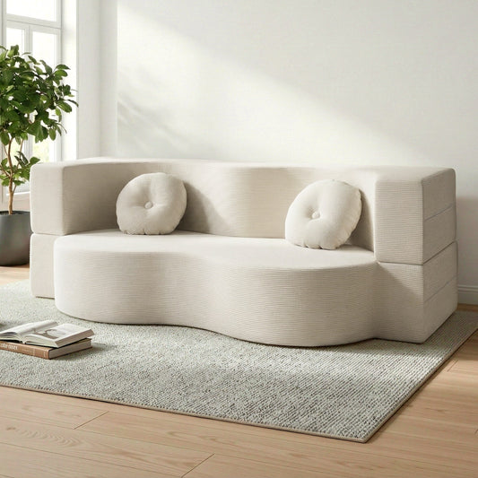 Folding Sofa Bed – 2-in-1 Convertible Futon Loveseat, Beige Corduroy