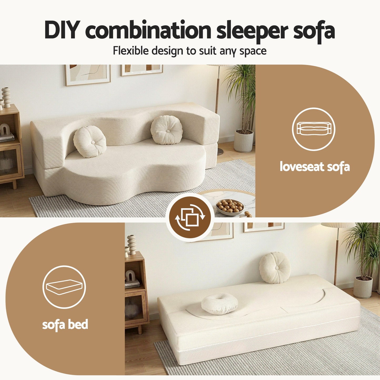 Folding Sofa Bed – 2-in-1 Convertible Futon Loveseat, Beige Corduroy