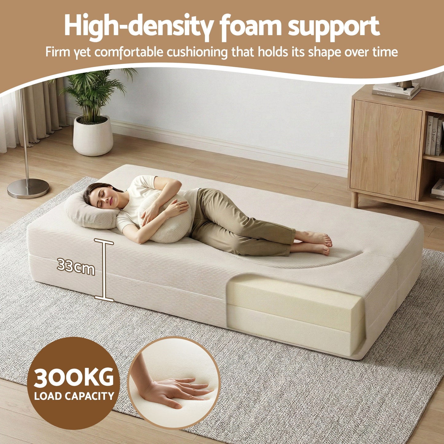 Folding Sofa Bed – 2-in-1 Convertible Futon Loveseat, Beige Corduroy