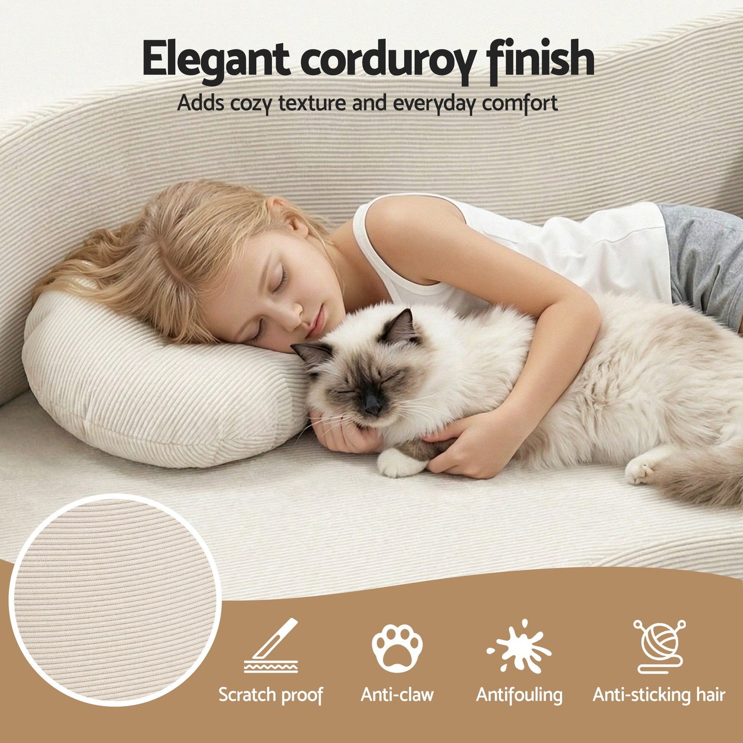 Folding Sofa Bed – 2-in-1 Convertible Futon Loveseat, Beige Corduroy