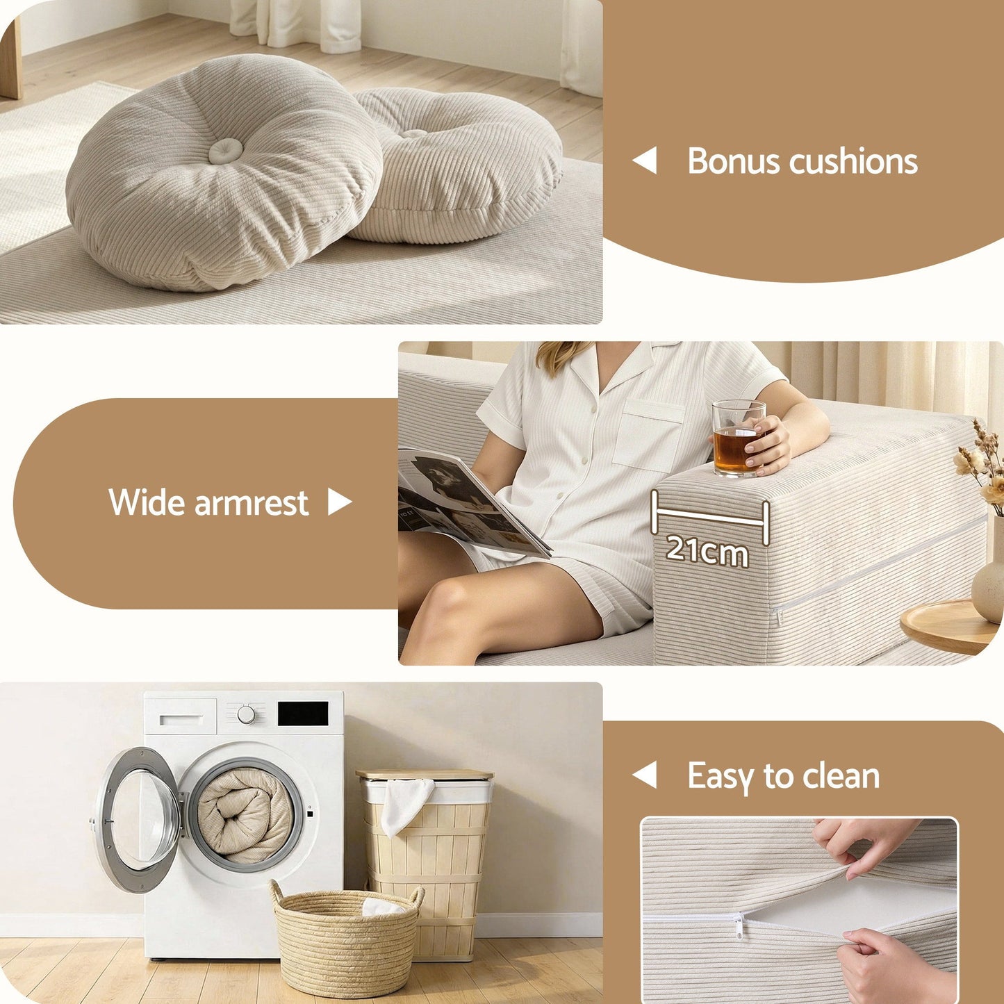 Folding Sofa Bed – 2-in-1 Convertible Futon Loveseat, Beige Corduroy