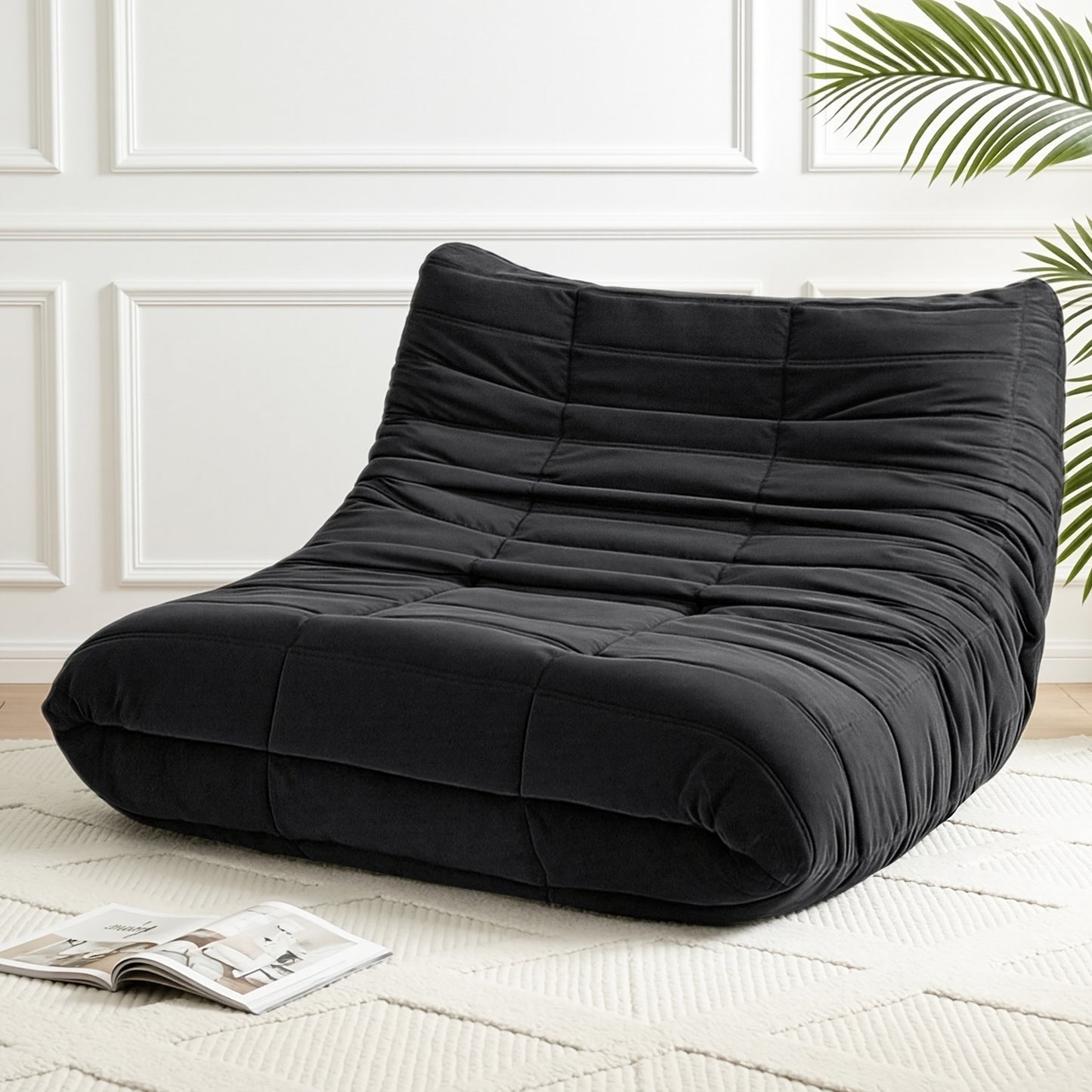 Lazy Sofa 2-Seater – Quilted Caterpillar Design, Velvet Fabric, Black