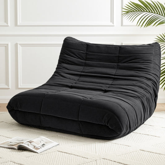 Lazy Sofa 2-Seater – Quilted Caterpillar Design, Velvet Fabric, Black