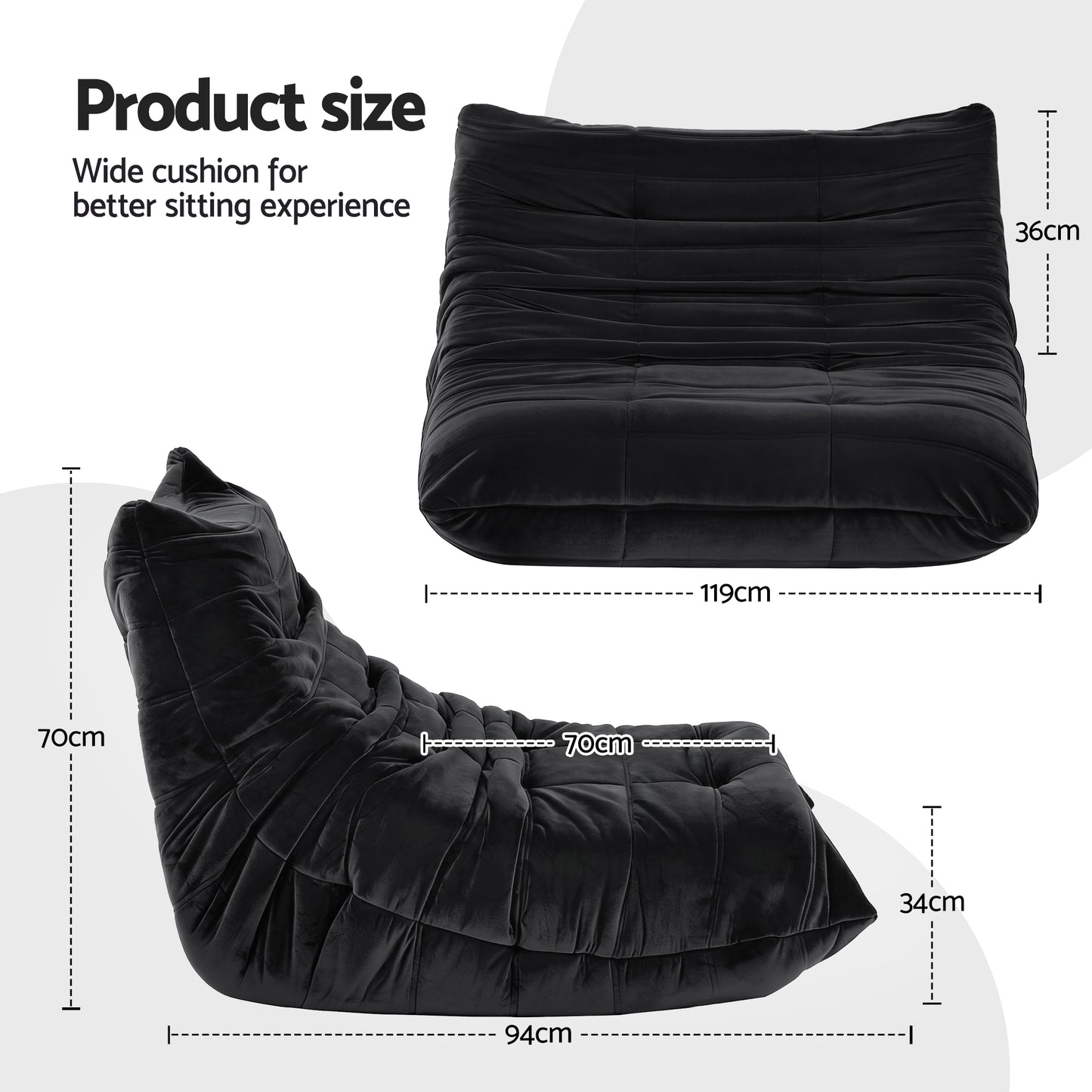Lazy Sofa 2-Seater – Quilted Caterpillar Design, Velvet Fabric, Black