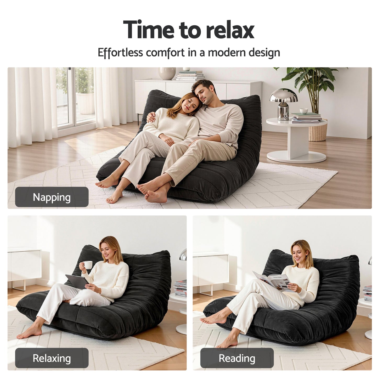 Lazy Sofa 2-Seater – Quilted Caterpillar Design, Velvet Fabric, Black