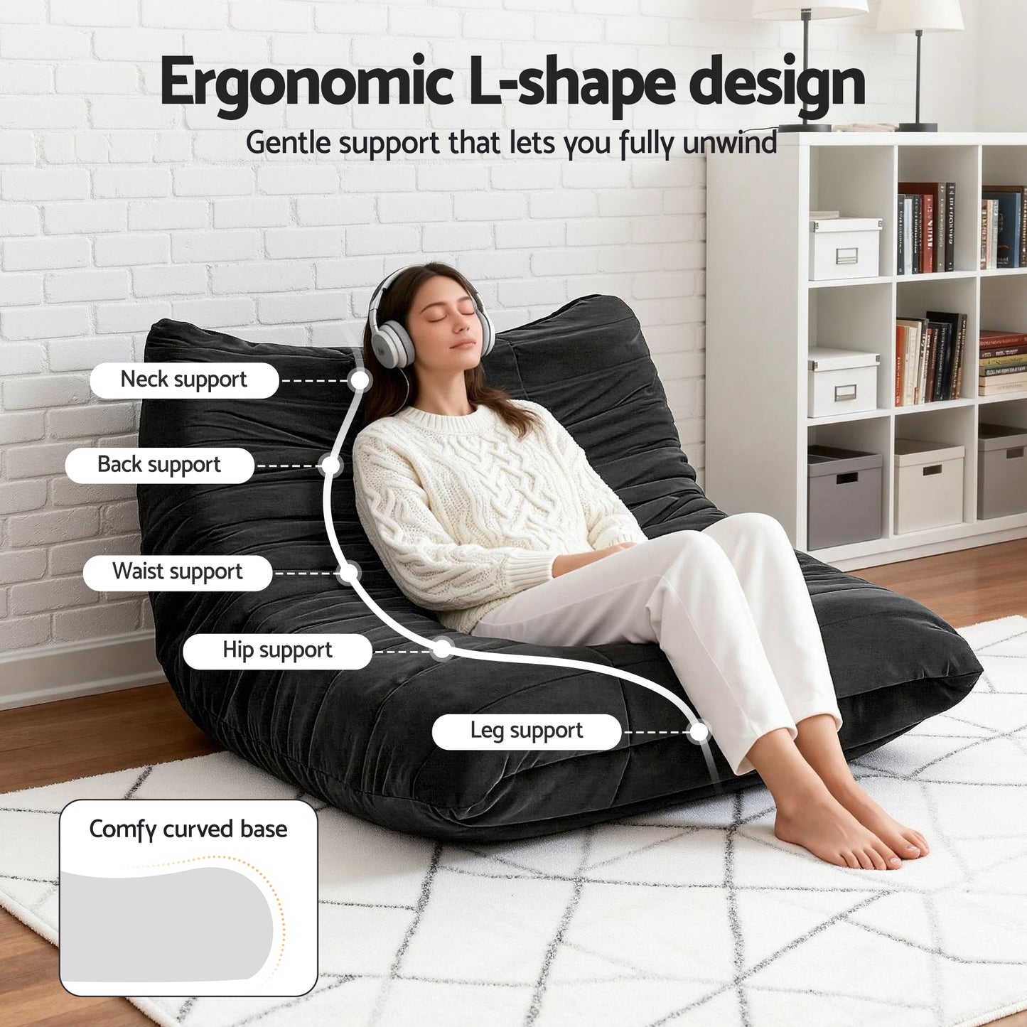 Lazy Sofa 2-Seater – Quilted Caterpillar Design, Velvet Fabric, Black