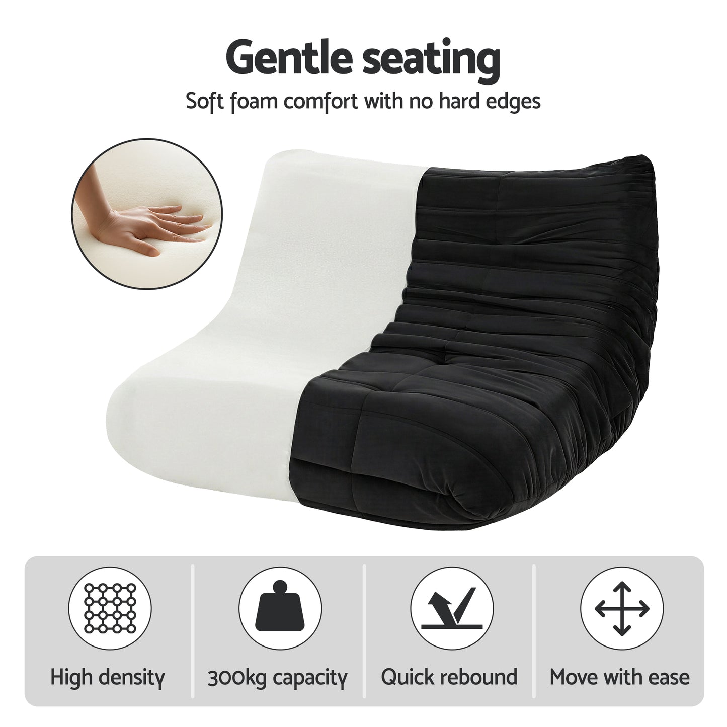 Lazy Sofa 2-Seater – Quilted Caterpillar Design, Velvet Fabric, Black