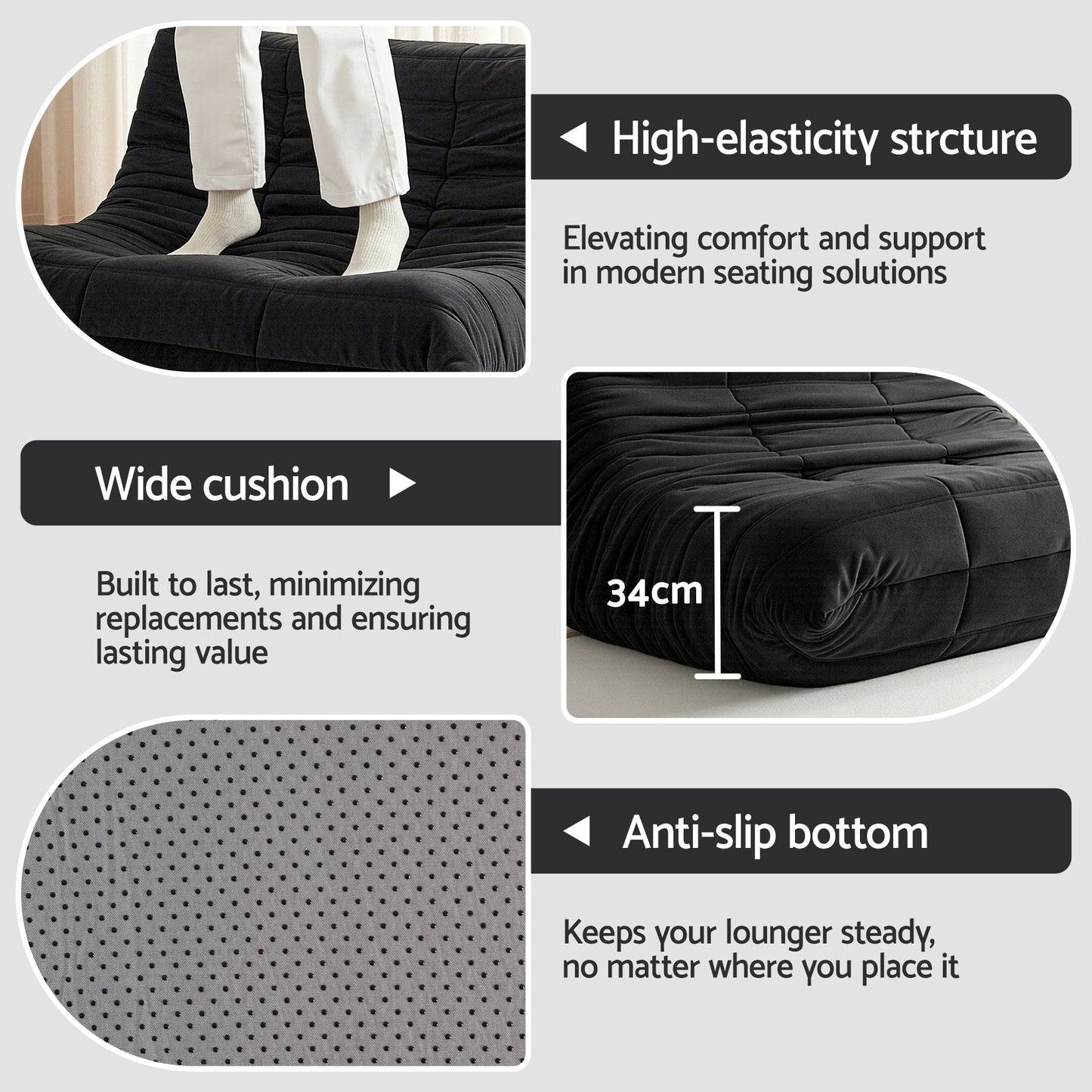 Lazy Sofa 2-Seater – Quilted Caterpillar Design, Velvet Fabric, Black