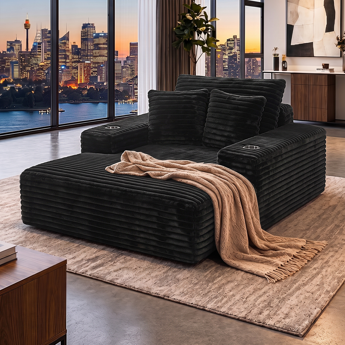 TWSC Sofa Bed Lounge Chair Sleeper Couch Chaise Single Seater Faux Fur Black