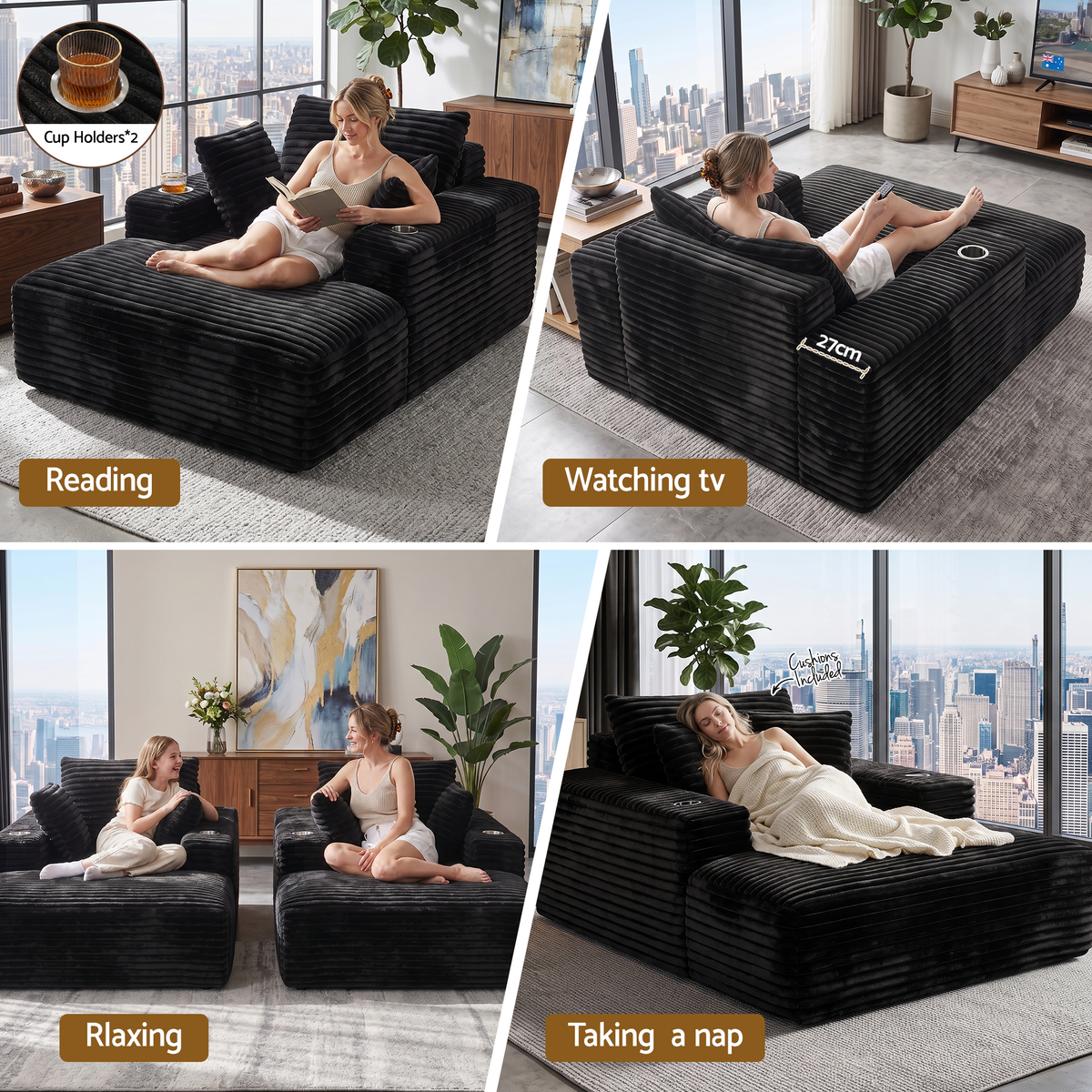 TWSC Sofa Bed Lounge Chair Sleeper Couch Chaise Single Seater Faux Fur Black
