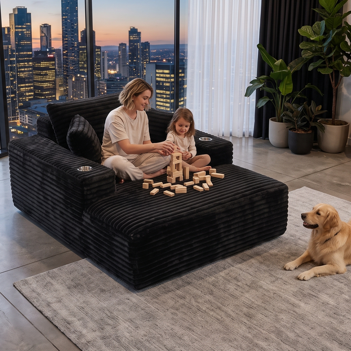 TWSC Sofa Bed Lounge Chair Sleeper Couch Chaise Single Seater Faux Fur Black
