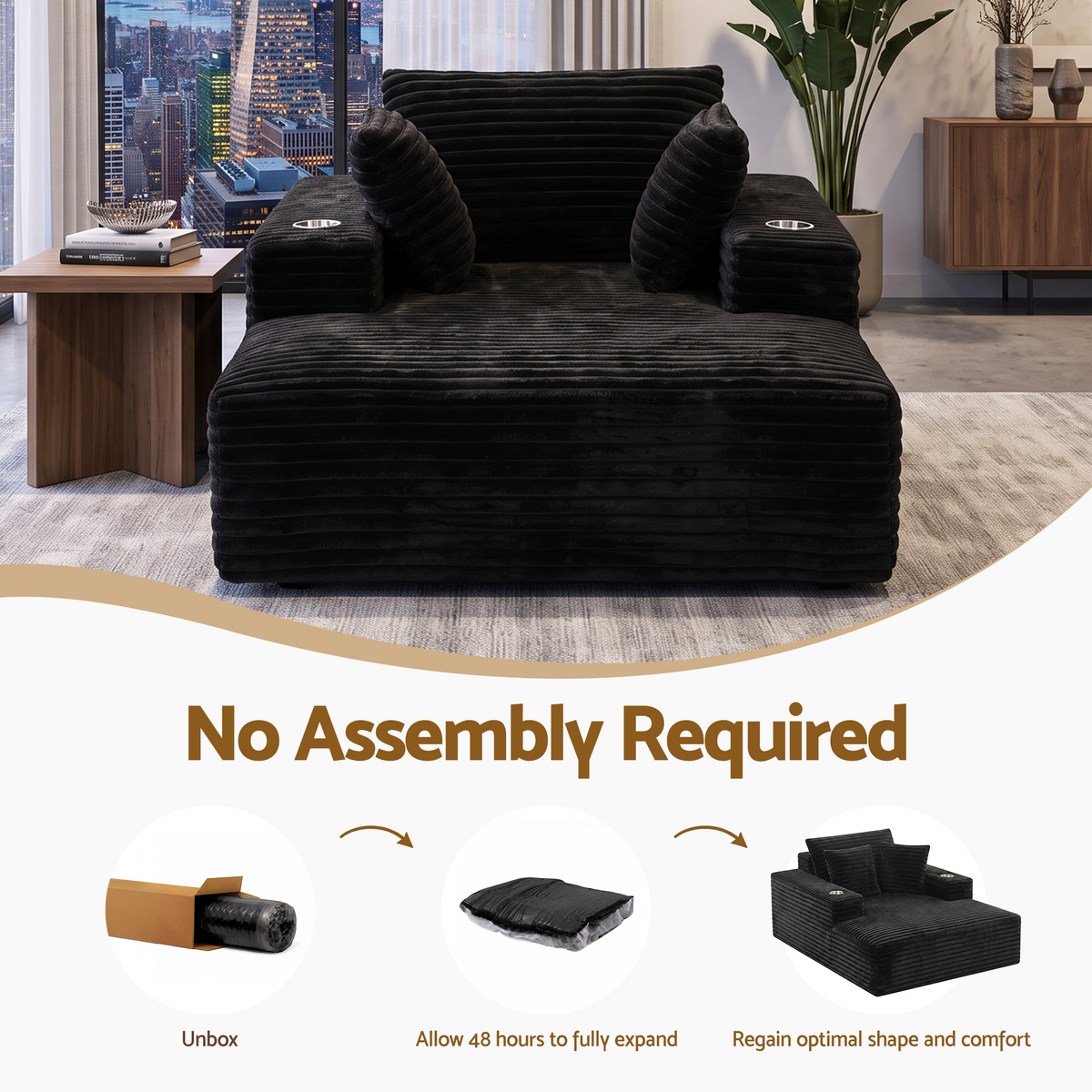 TWSC Sofa Bed Lounge Chair Sleeper Couch Chaise Single Seater Faux Fur Black
