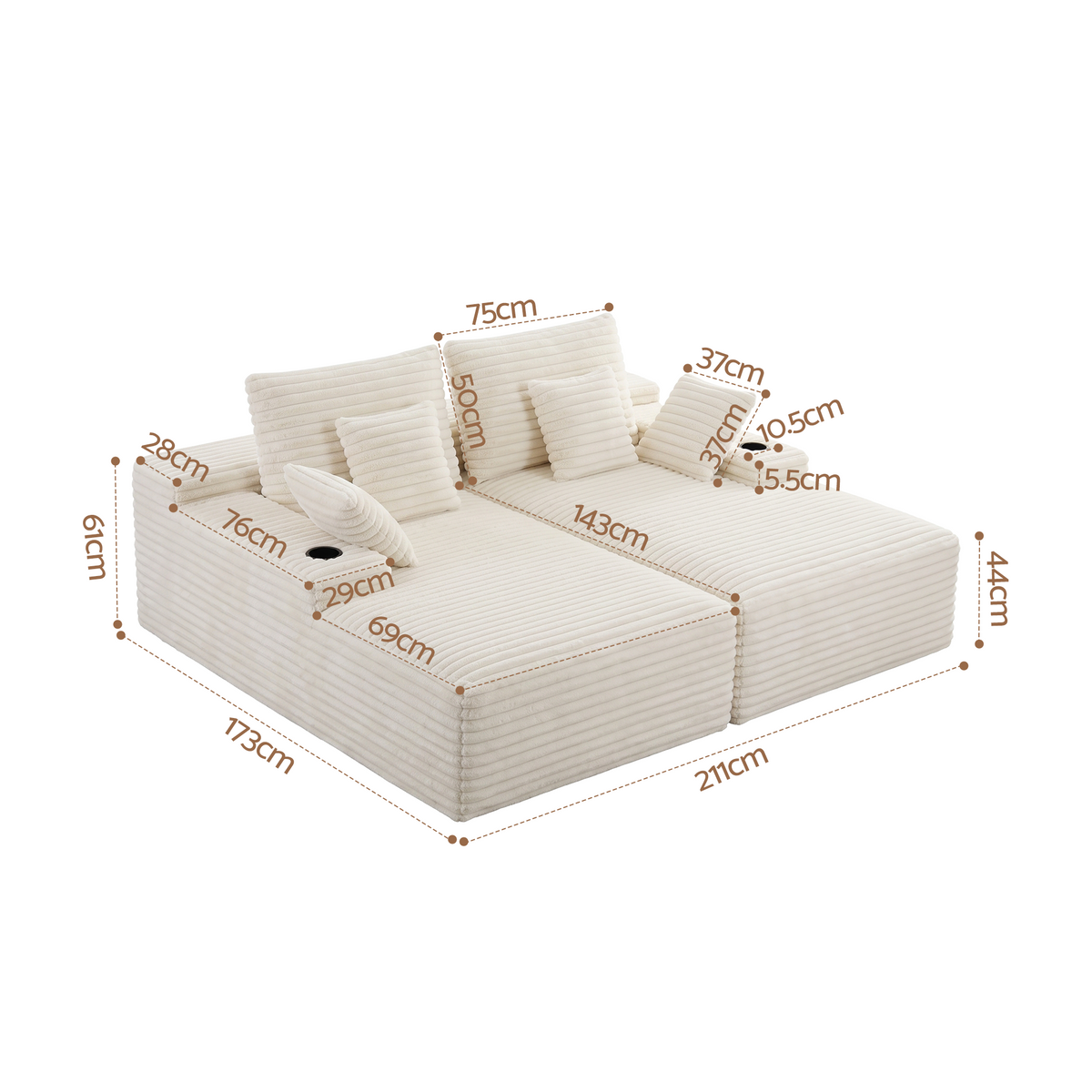 TWSC Double Chaise Lounge Sofa 2-Seater Modular Sofa Lounge Chair Couch Beige