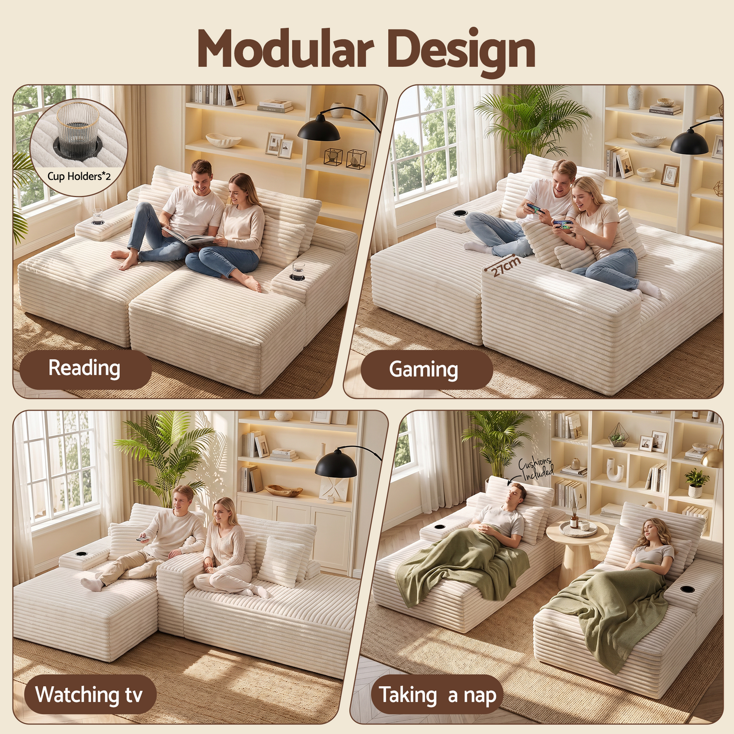 TWSC Double Chaise Lounge Sofa 2-Seater Modular Sofa Lounge Chair Couch Beige