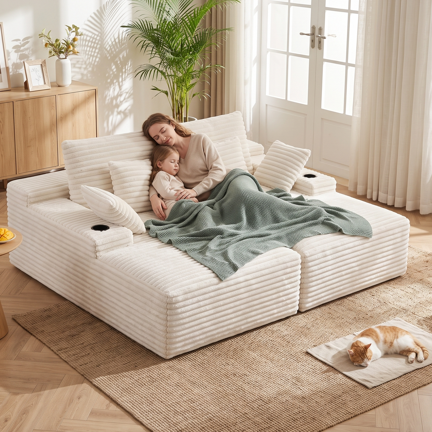 TWSC Double Chaise Lounge Sofa 2-Seater Modular Sofa Lounge Chair Couch Beige