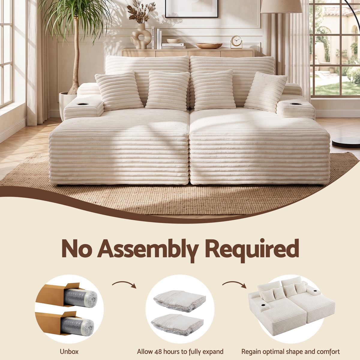 TWSC Double Chaise Lounge Sofa 2-Seater Modular Sofa Lounge Chair Couch Beige
