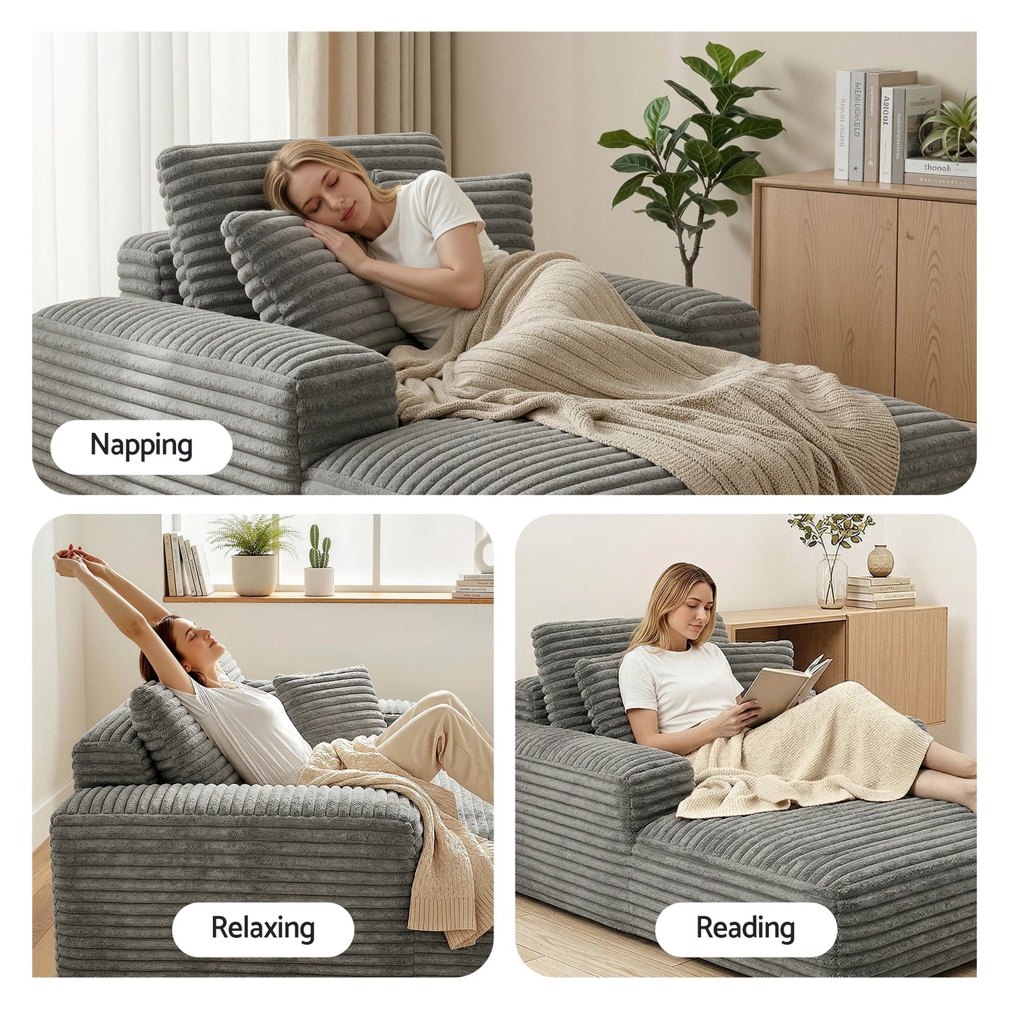 Sofa Bed Lounge Chair Recliner – Grey Faux Fur, Pocket Spring Core
