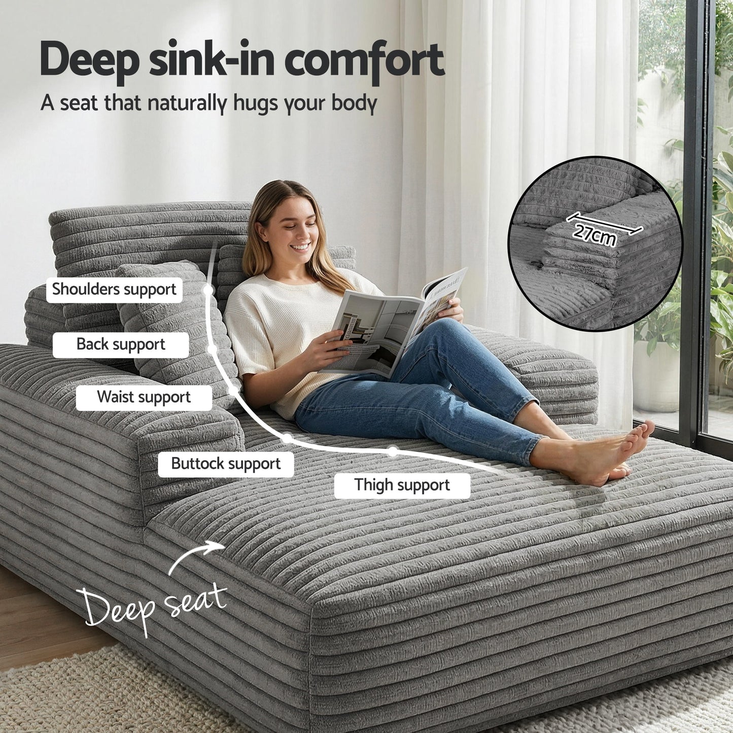 Sofa Bed Lounge Chair Recliner – Grey Faux Fur, Pocket Spring Core