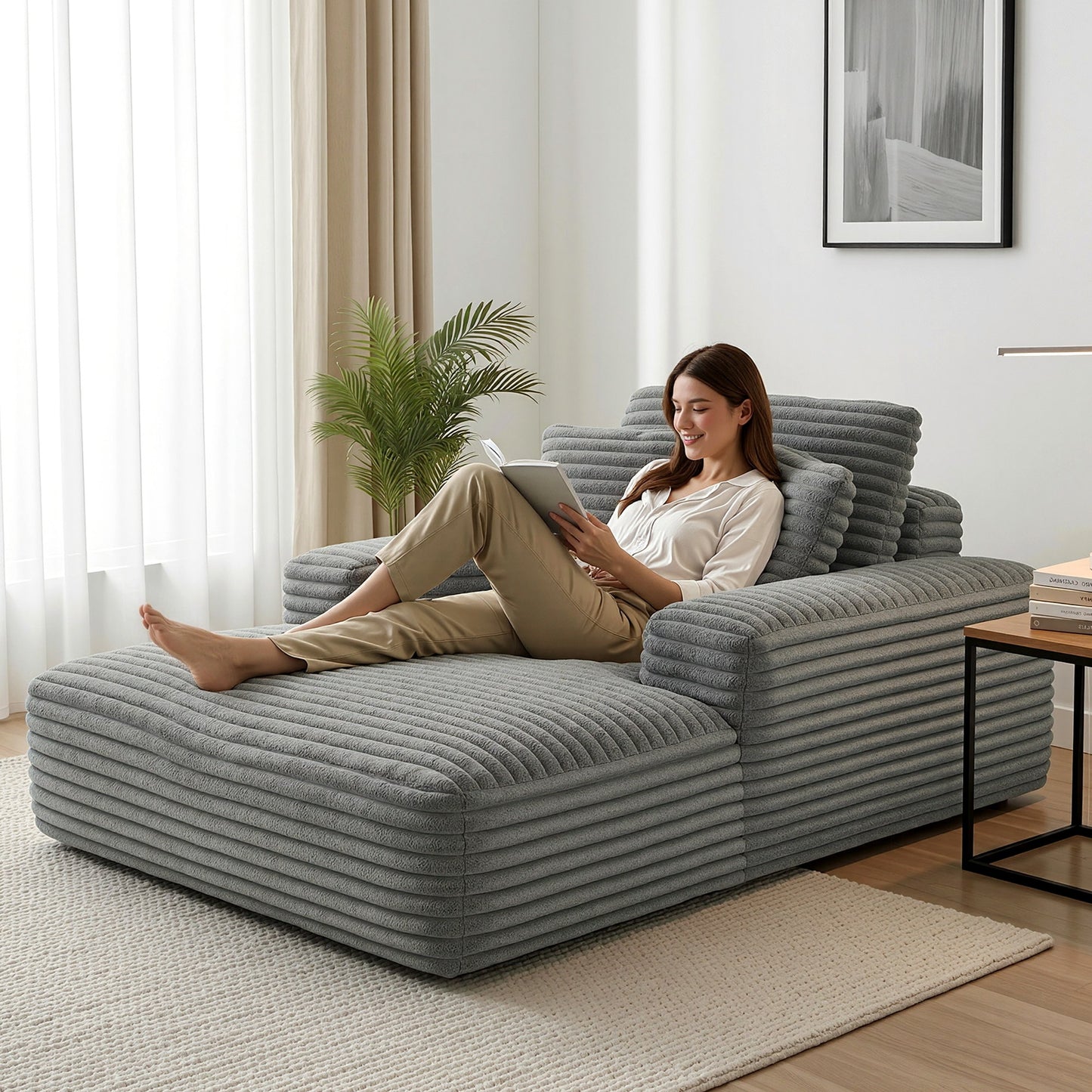 Sofa Bed Lounge Chair Recliner – Grey Faux Fur, Pocket Spring Core