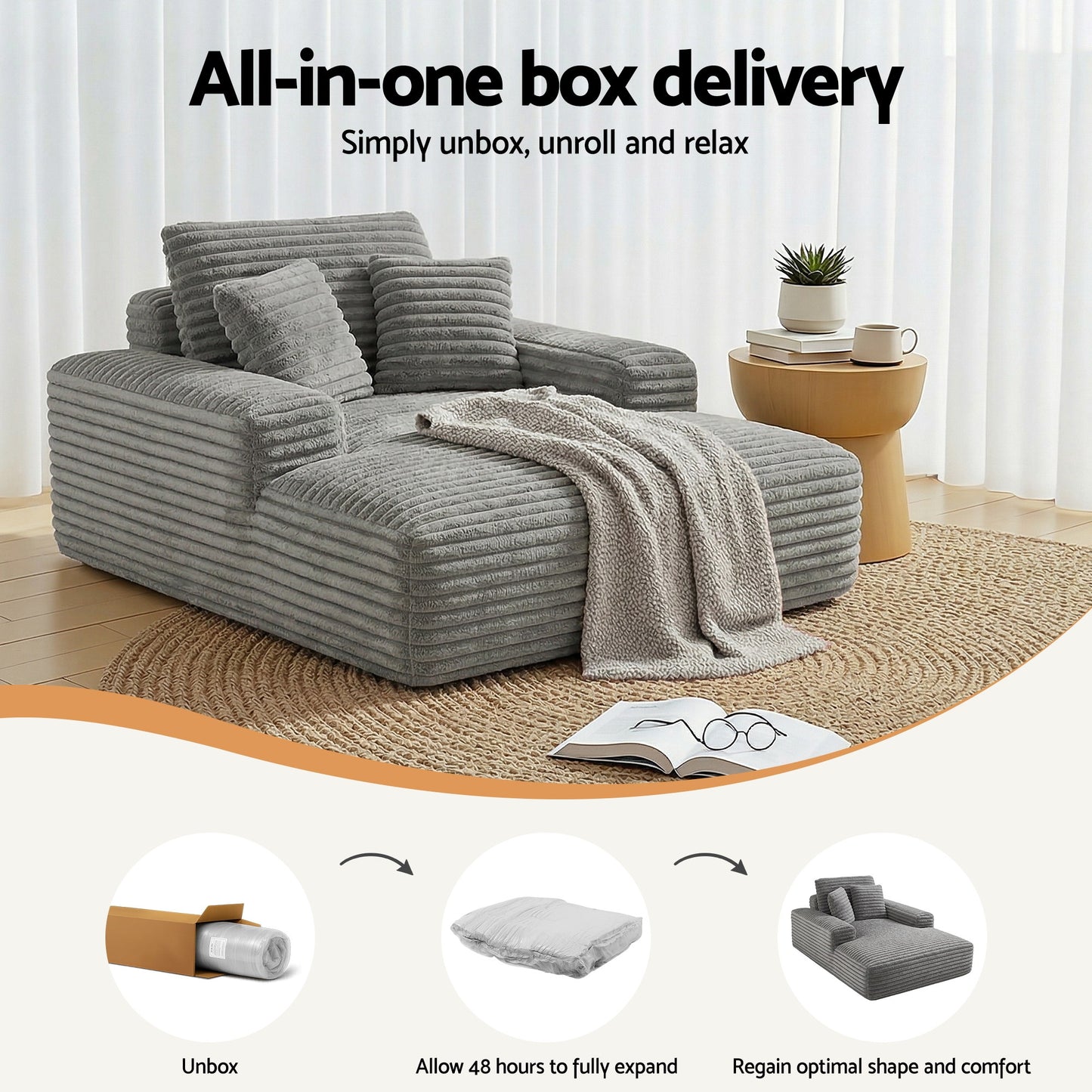 Sofa Bed Lounge Chair Recliner – Grey Faux Fur, Pocket Spring Core