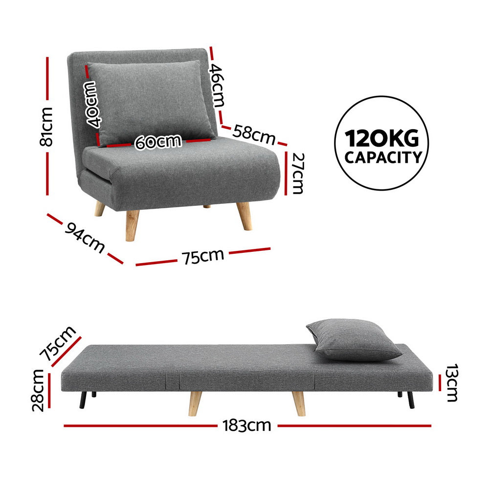 Convertible Sofa Bed Recliner – Linen Grey, 1-Seater