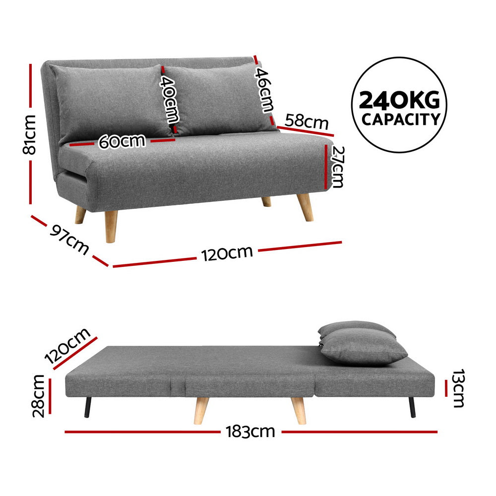 Sofa Bed 2-Seater – Convertible Recliner, Grey Linen Upholstery