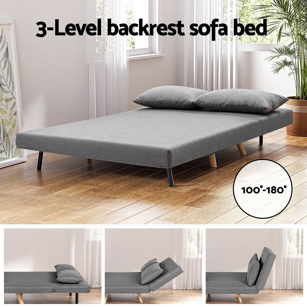 Sofa Bed 2-Seater – Convertible Recliner, Grey Linen Upholstery