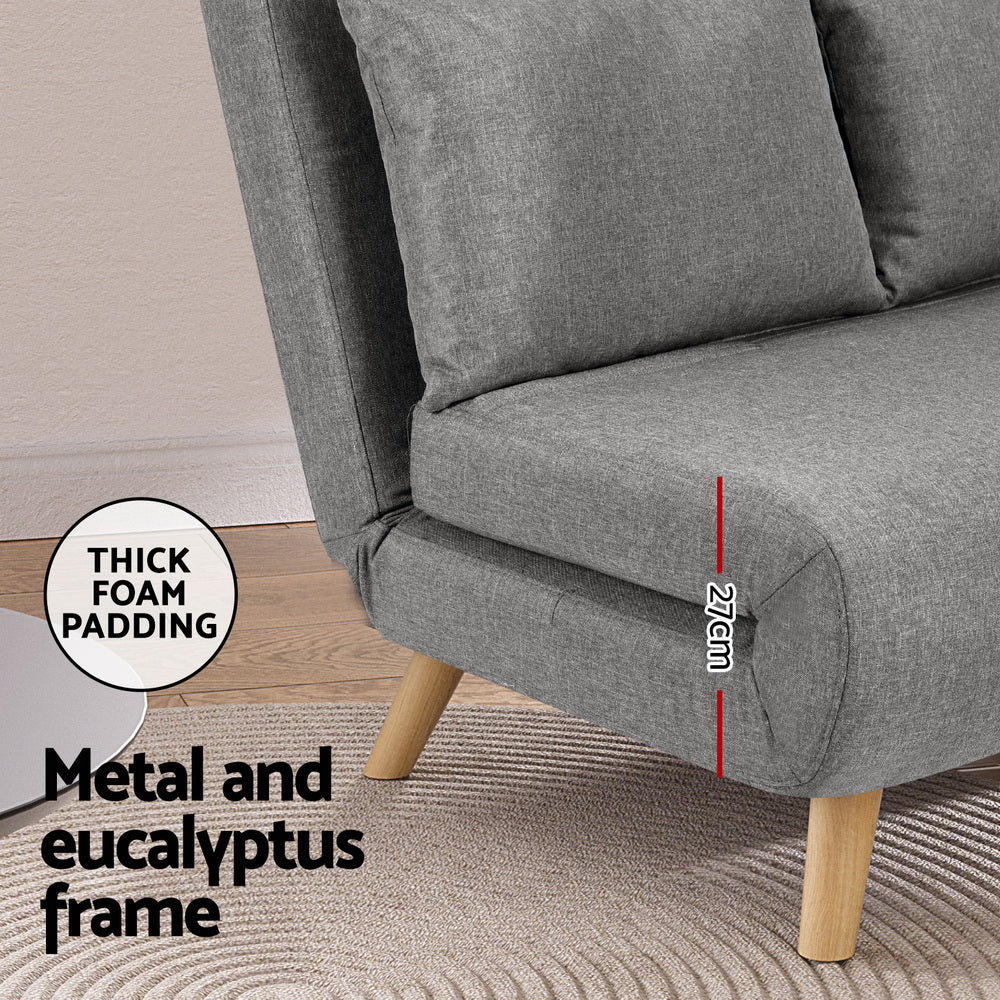 Sofa Bed 2-Seater – Convertible Recliner, Grey Linen Upholstery