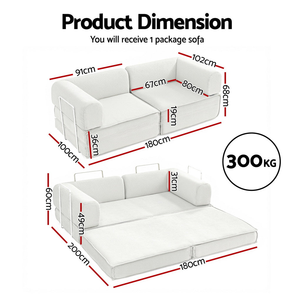 Convertible Folding Sofa Bed – Corduroy, Steel Frame, 180cm