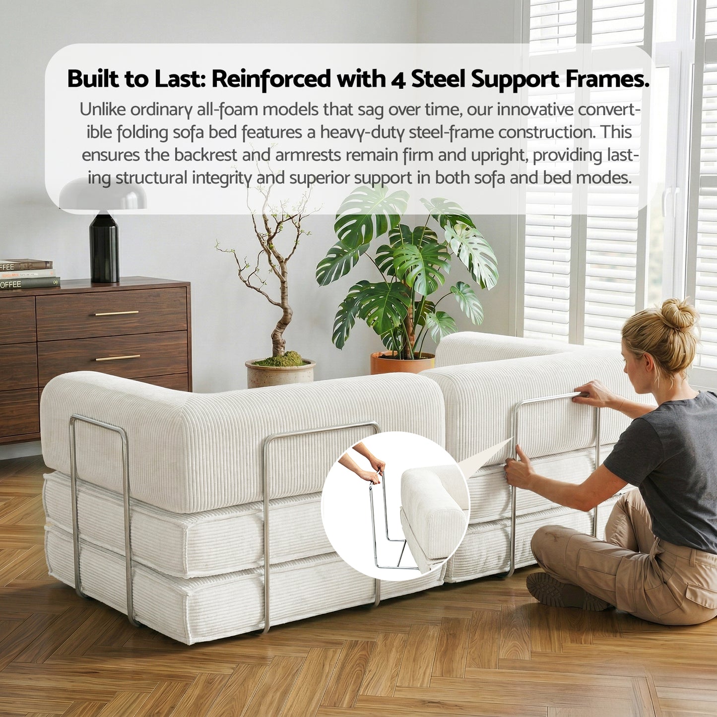 Convertible Folding Sofa Bed – Corduroy, Steel Frame, 180cm