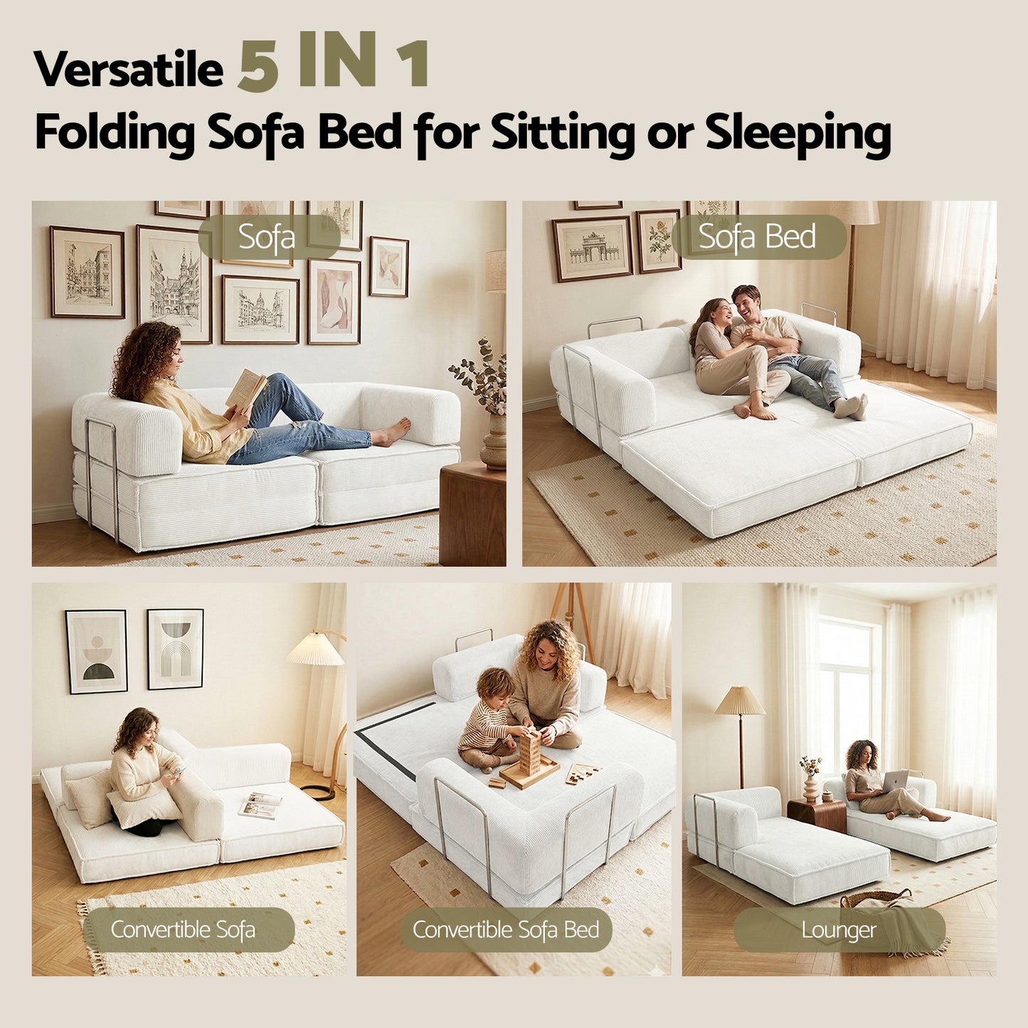 Convertible Folding Sofa Bed – Corduroy, Steel Frame, 180cm