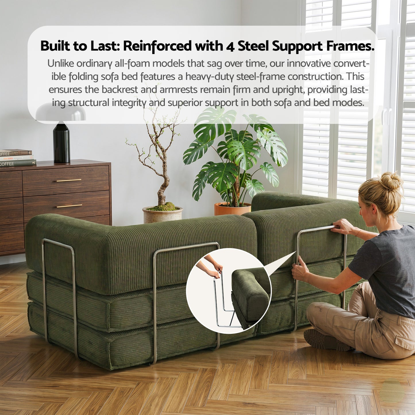 Convertible Folding Sofa Bed – Breathable Corduroy, Green