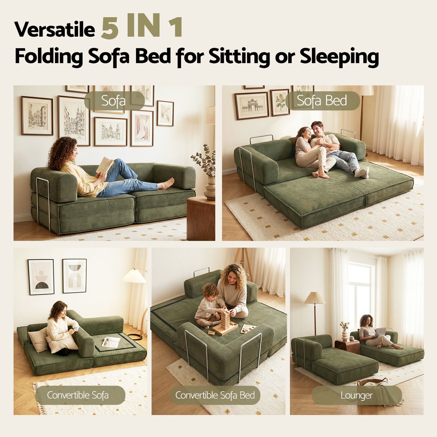 Convertible Folding Sofa Bed – Breathable Corduroy, Green
