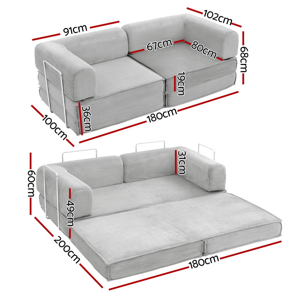 Convertible Folding Sofa Bed – Grey Corduroy, Steel Frame