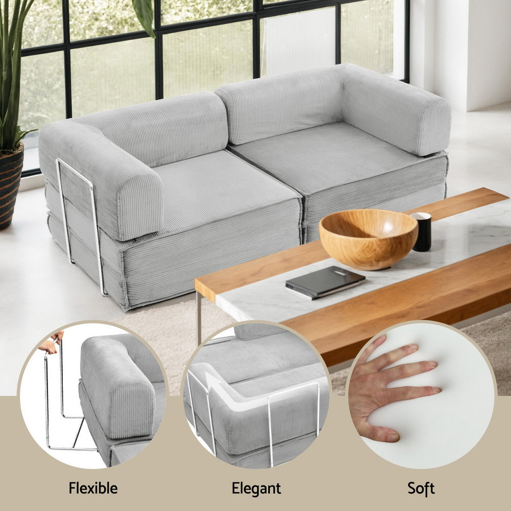 Convertible Folding Sofa Bed – Grey Corduroy, Steel Frame