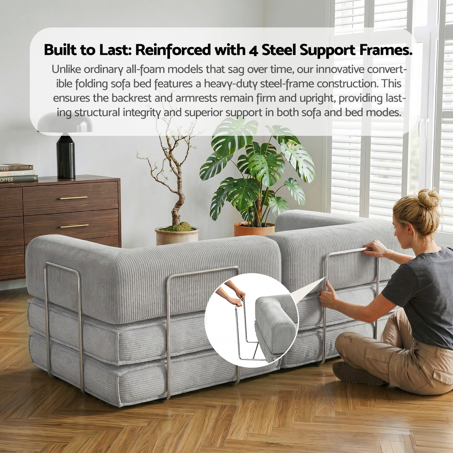 Convertible Folding Sofa Bed – Grey Corduroy, Steel Frame