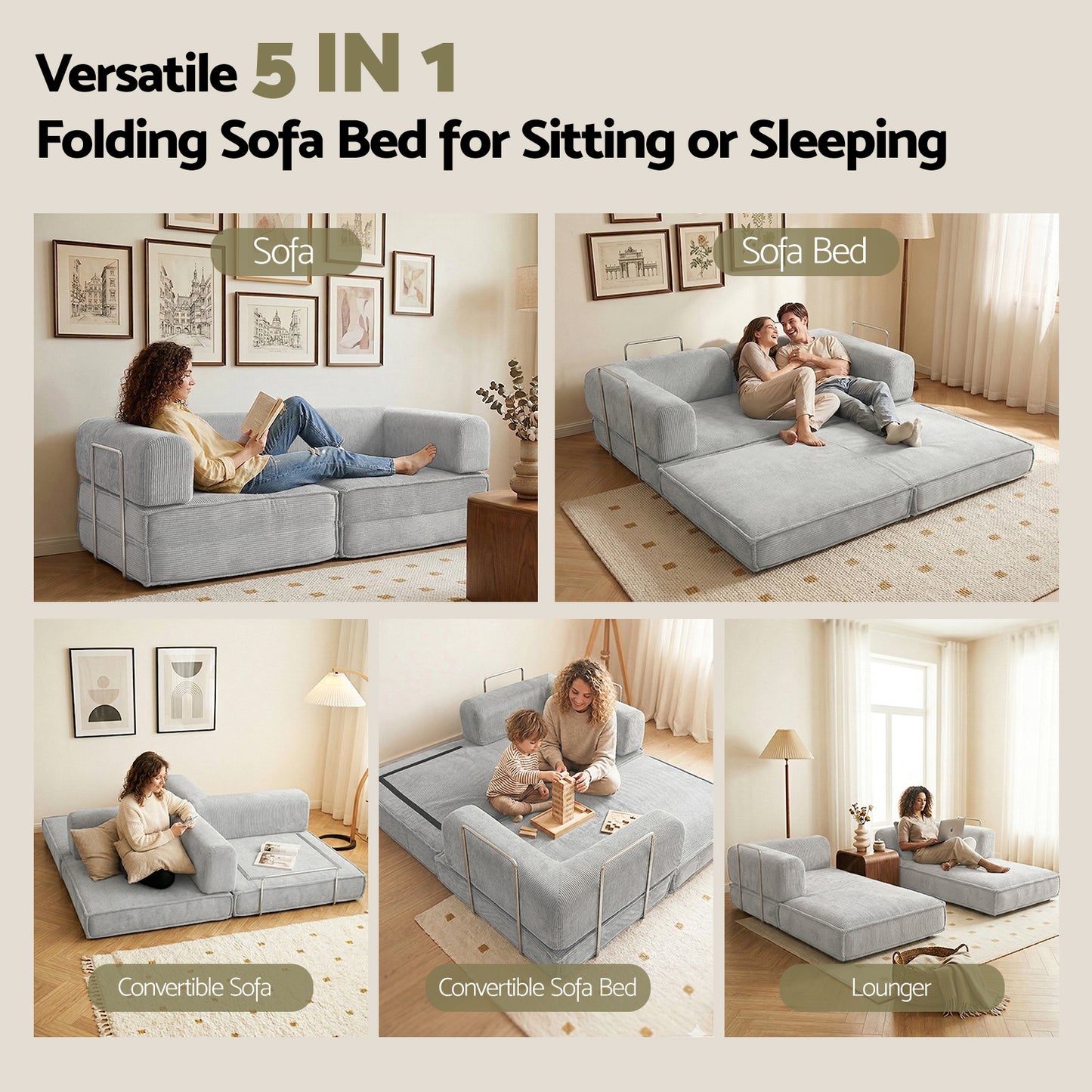 Convertible Folding Sofa Bed – Grey Corduroy, Steel Frame