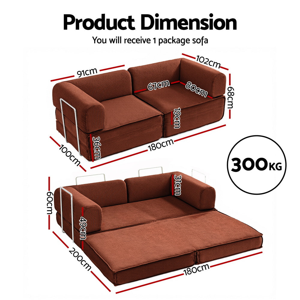 Convertible Folding Sofa Bed – Orange Corduroy, Steel Frame