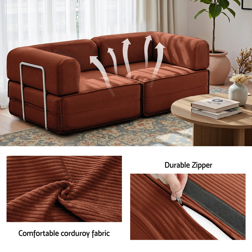 Convertible Folding Sofa Bed – Orange Corduroy, Steel Frame