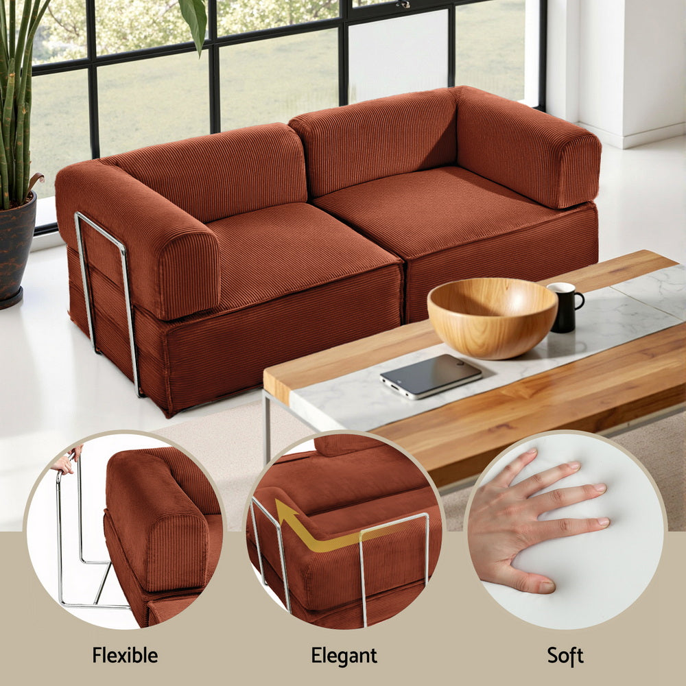 Convertible Folding Sofa Bed – Orange Corduroy, Steel Frame
