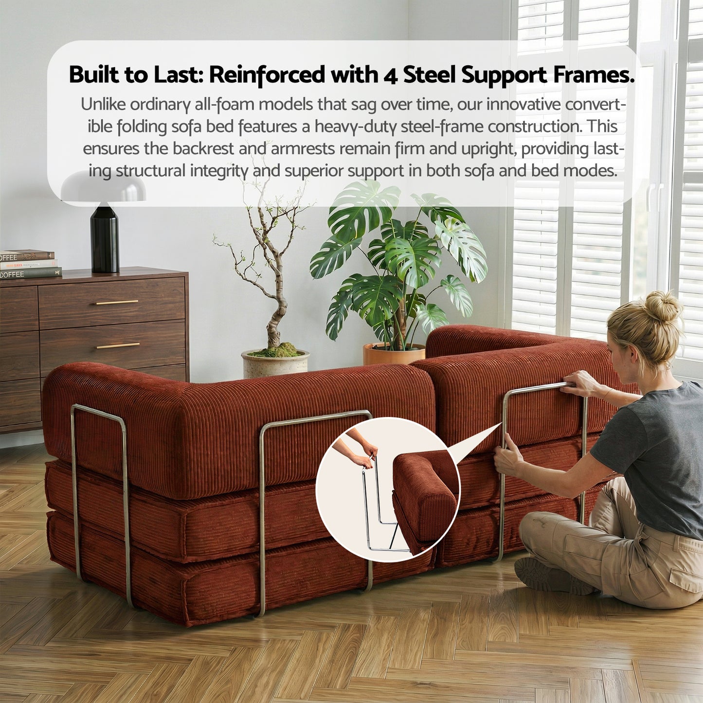 Convertible Folding Sofa Bed – Orange Corduroy, Steel Frame