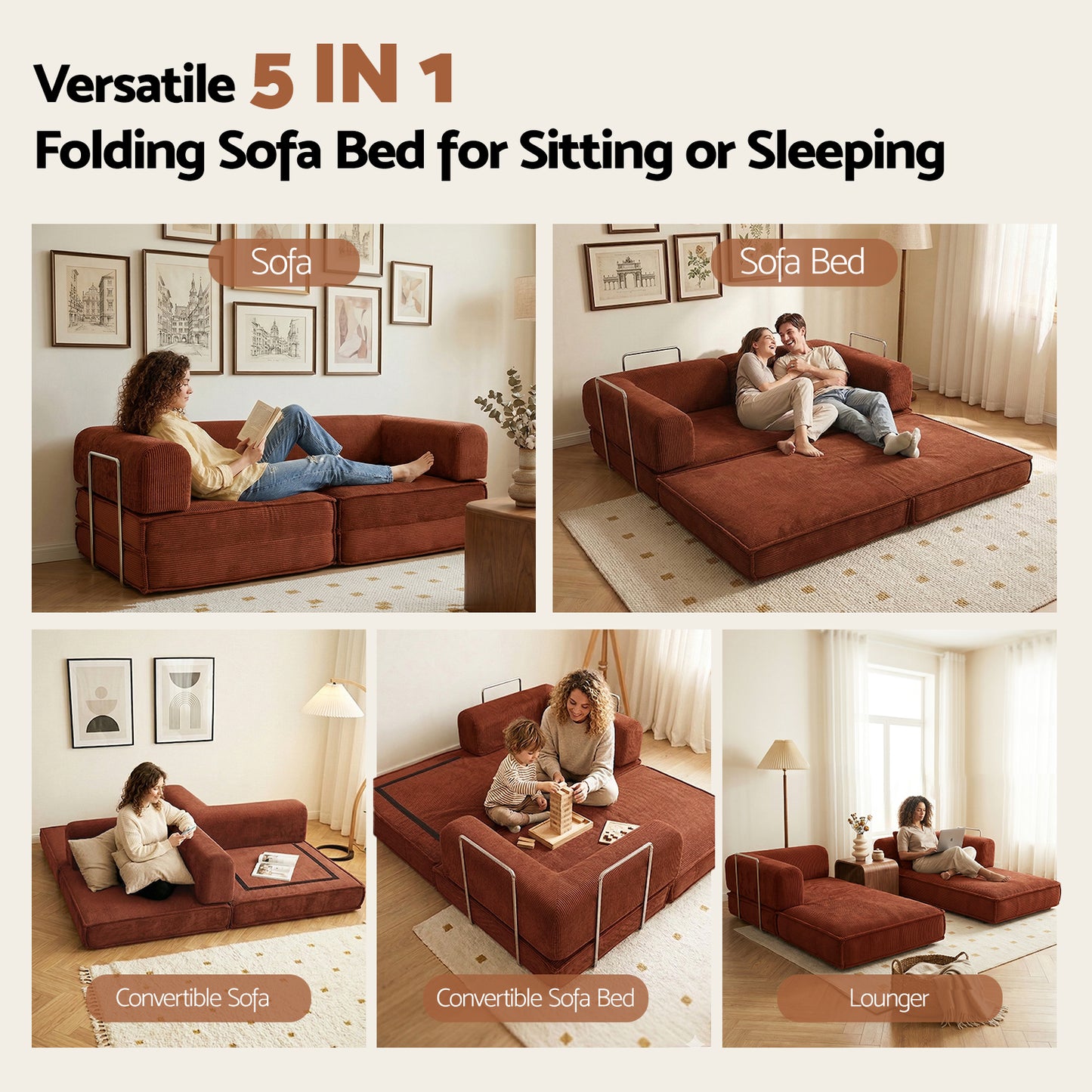 Convertible Folding Sofa Bed – Orange Corduroy, Steel Frame