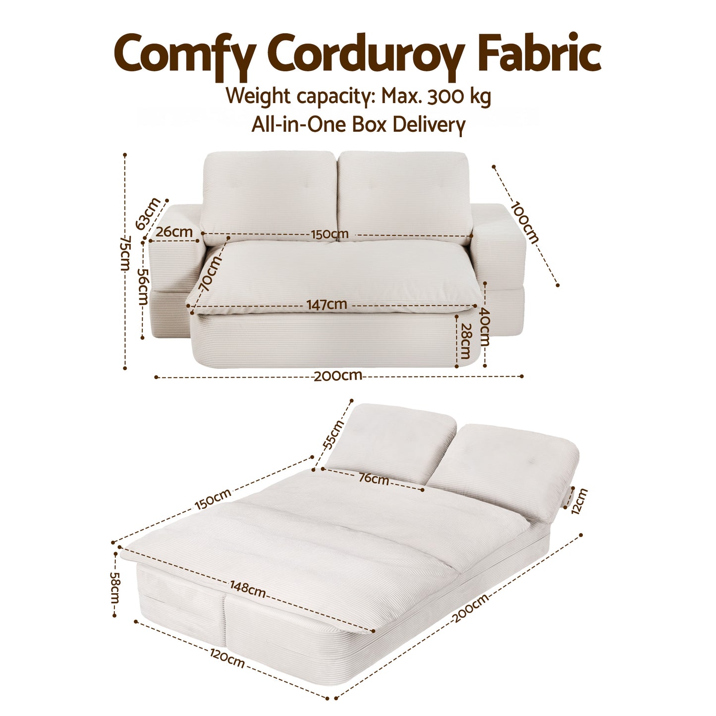 Convertible Folding Sofa Bed – 30D High-Density Foam, Corduroy Upholstery