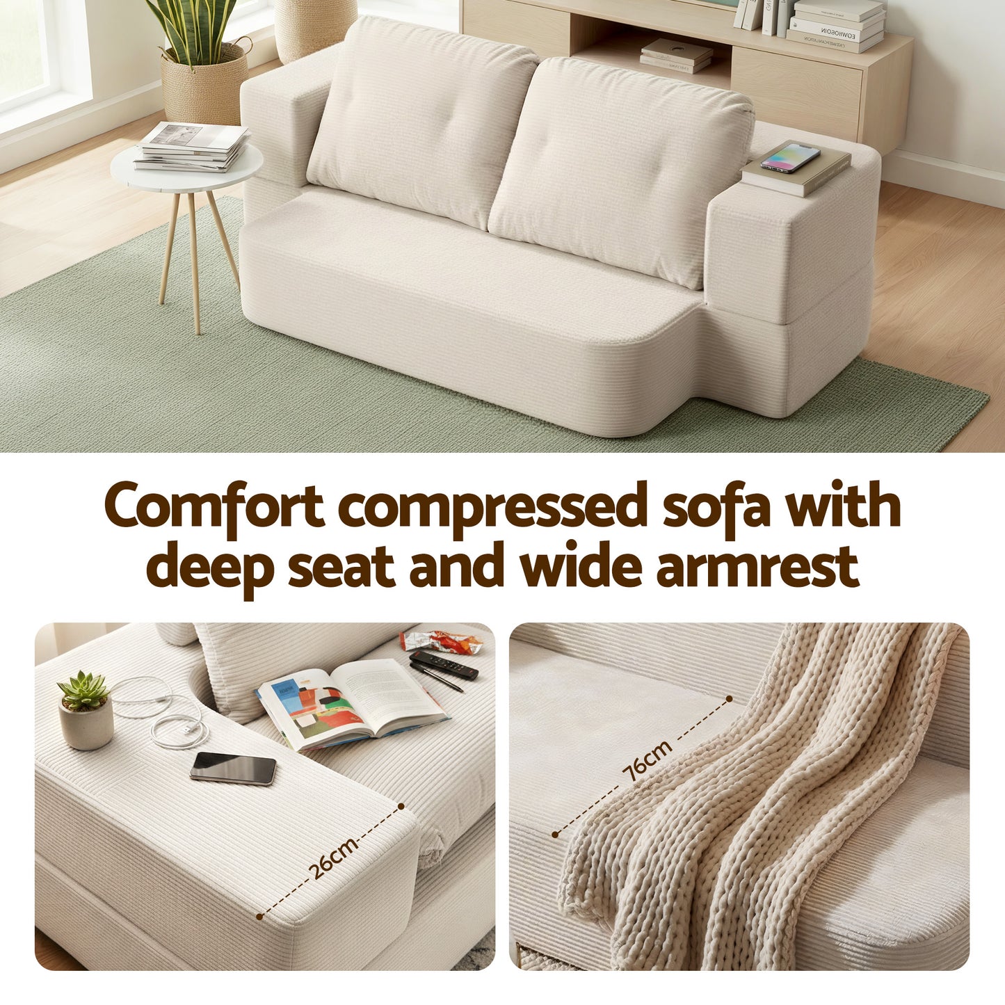 Convertible Folding Sofa Bed – 30D High-Density Foam, Corduroy Upholstery