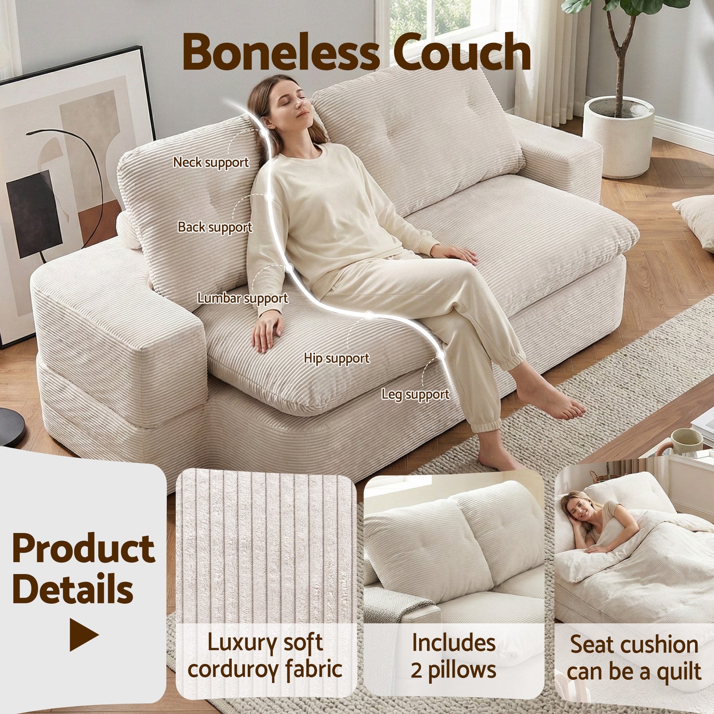 Convertible Folding Sofa Bed – 30D High-Density Foam, Corduroy Upholstery