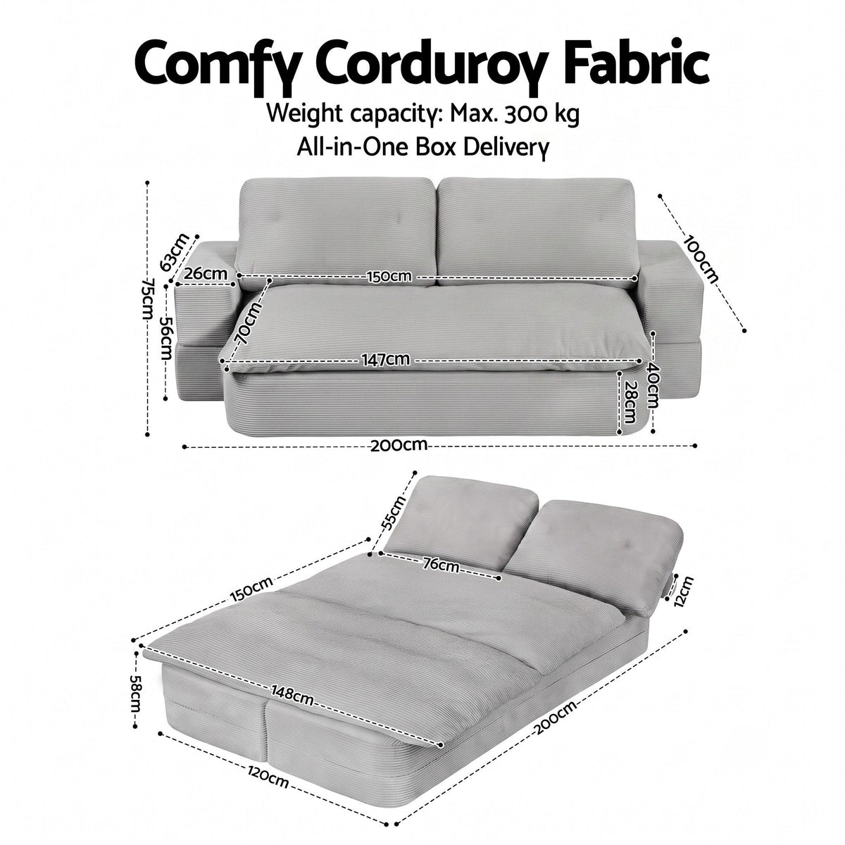 Convertible Folding Sofa Bed – 30D High-Density Foam, Corduroy, Grey