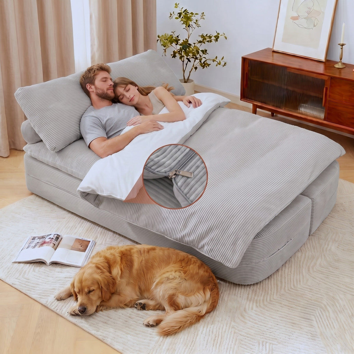 Convertible Folding Sofa Bed – 30D High-Density Foam, Corduroy, Grey