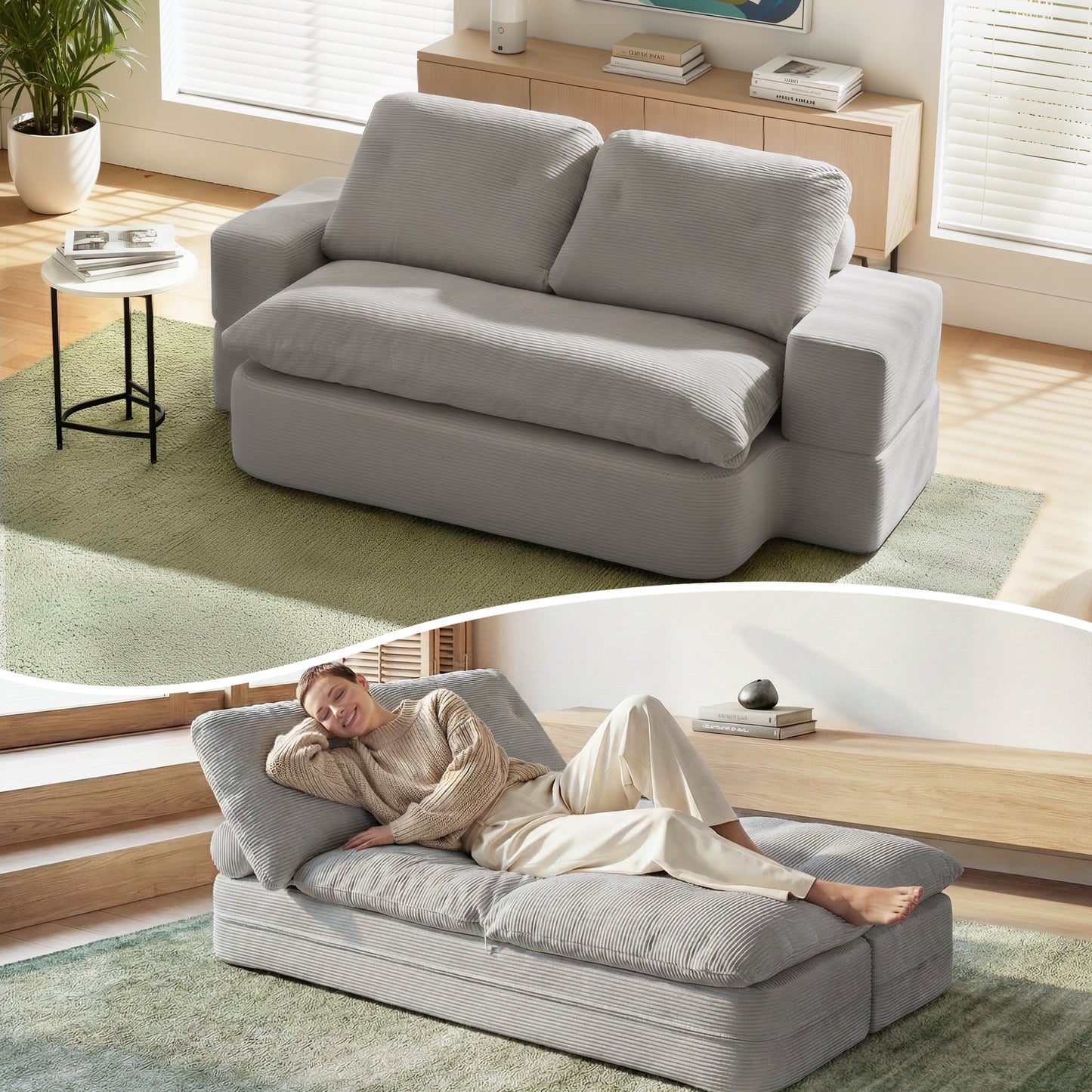 Convertible Folding Sofa Bed – 30D High-Density Foam, Corduroy, Grey
