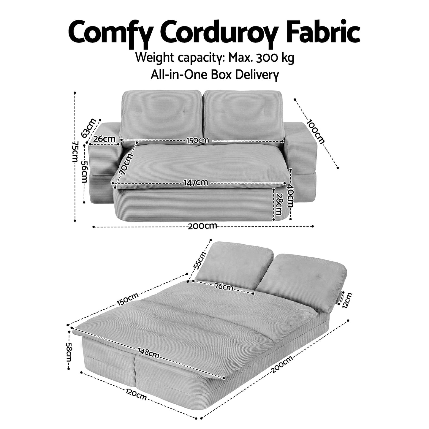 Convertible Folding Sofa Bed – 30D High-Density Foam, Corduroy, Grey