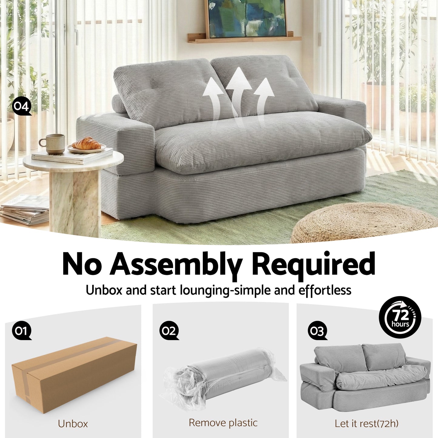 Convertible Folding Sofa Bed – 30D High-Density Foam, Corduroy, Grey